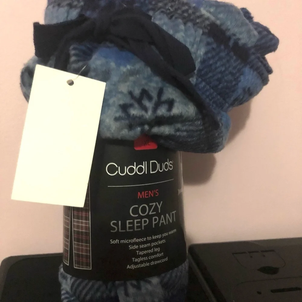 Cuddl Duds Men’s Cozy Sleep Pant - Blue Plaid with Snowflakes